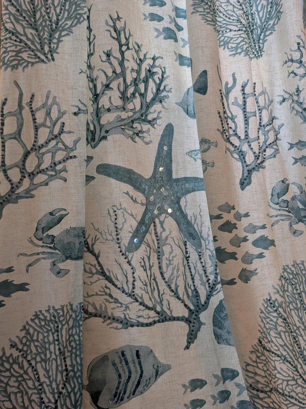 Pier 1 Coastal Beaded & Sequined Coral Curtain Panel Linen Blend Blue White